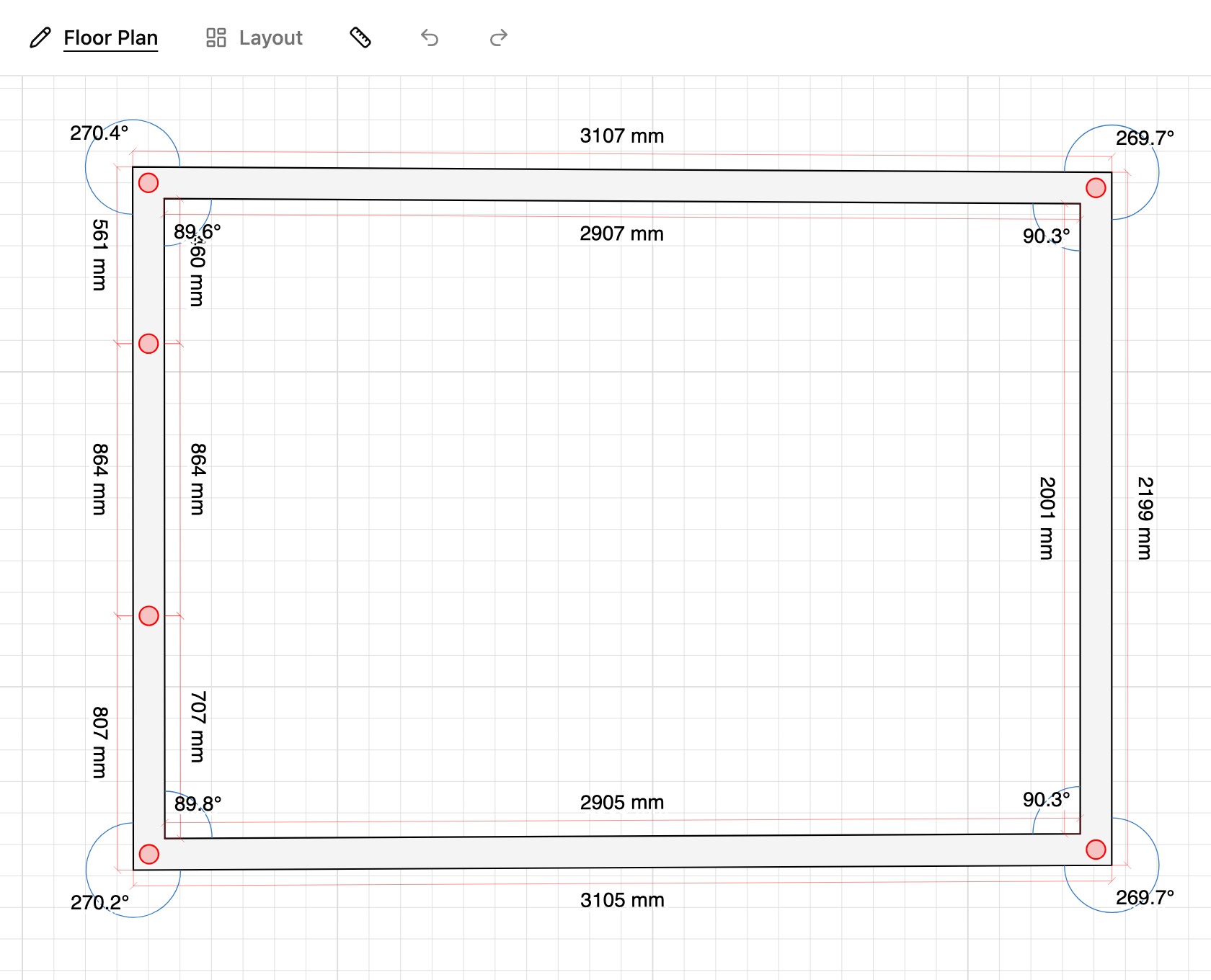 Wall divided into three segments on a floor plan in TilingPlan