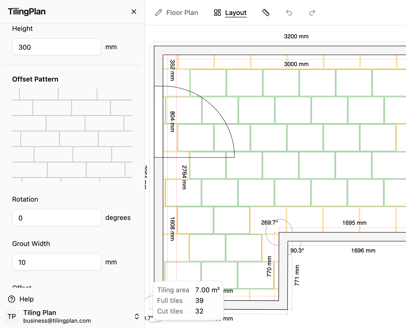 Configure panel with tile dimensions and grout width in TilingPlan