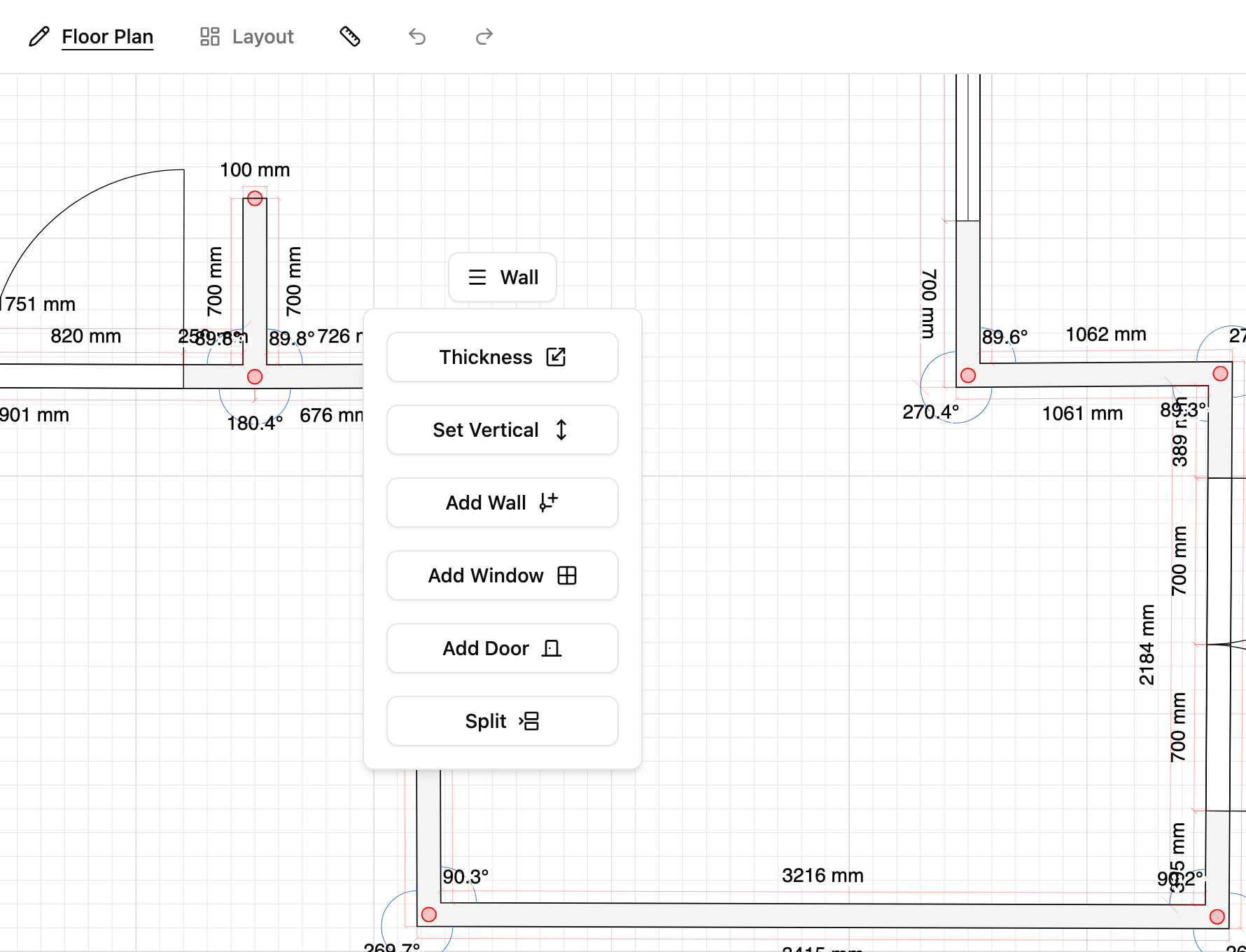 Wall context menu and dimension editor on a floor plan in TilingPlan