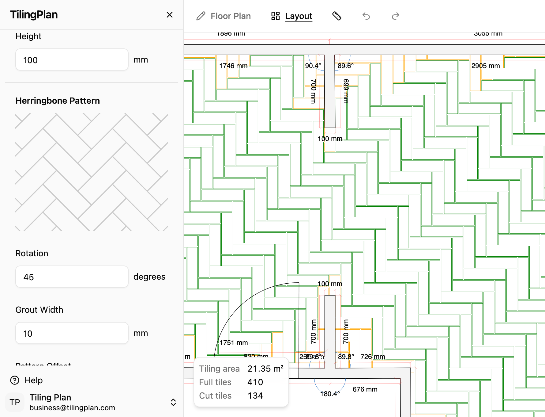 Tile and pattern panels with a draggable tile layout preview in TilingPlan