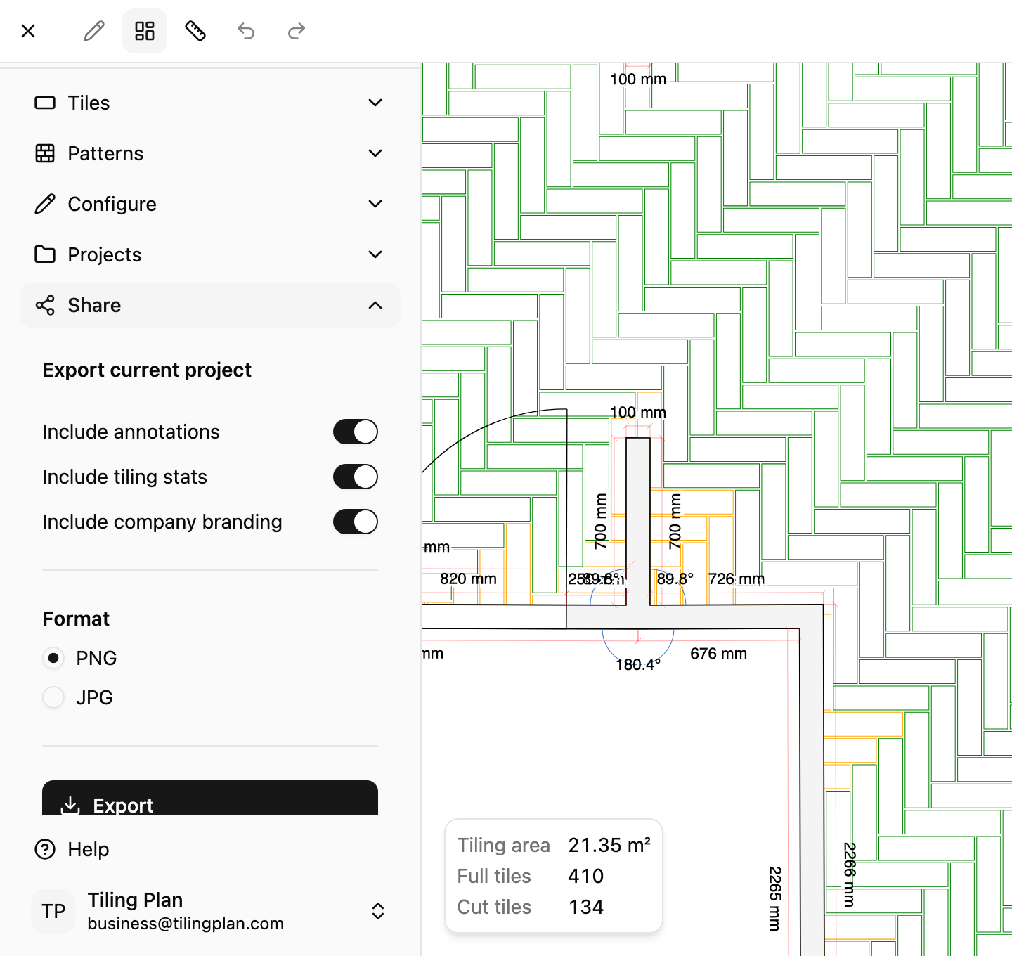 Share panel for exporting a tile layout from TilingPlan