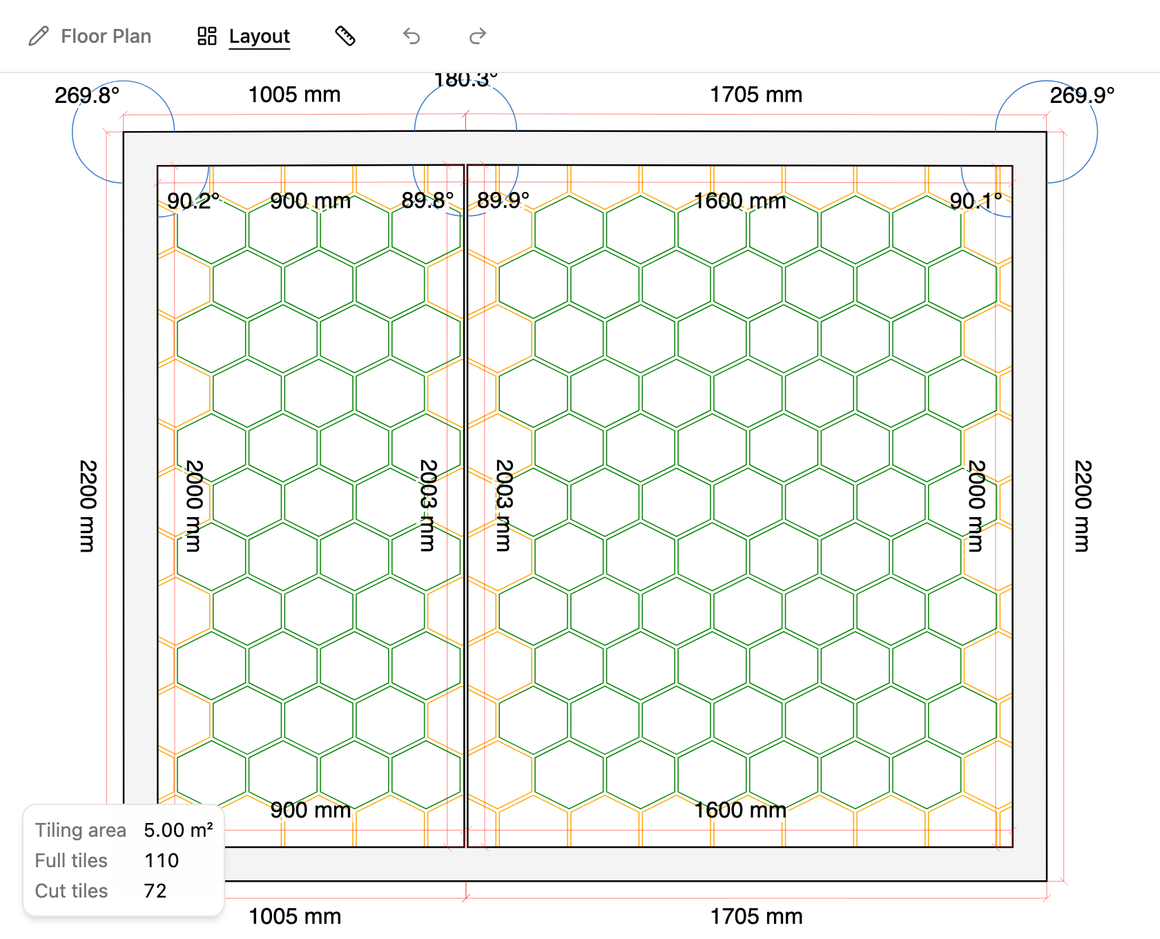 Hex tile layout on unwrapped shower walls in TilingPlan