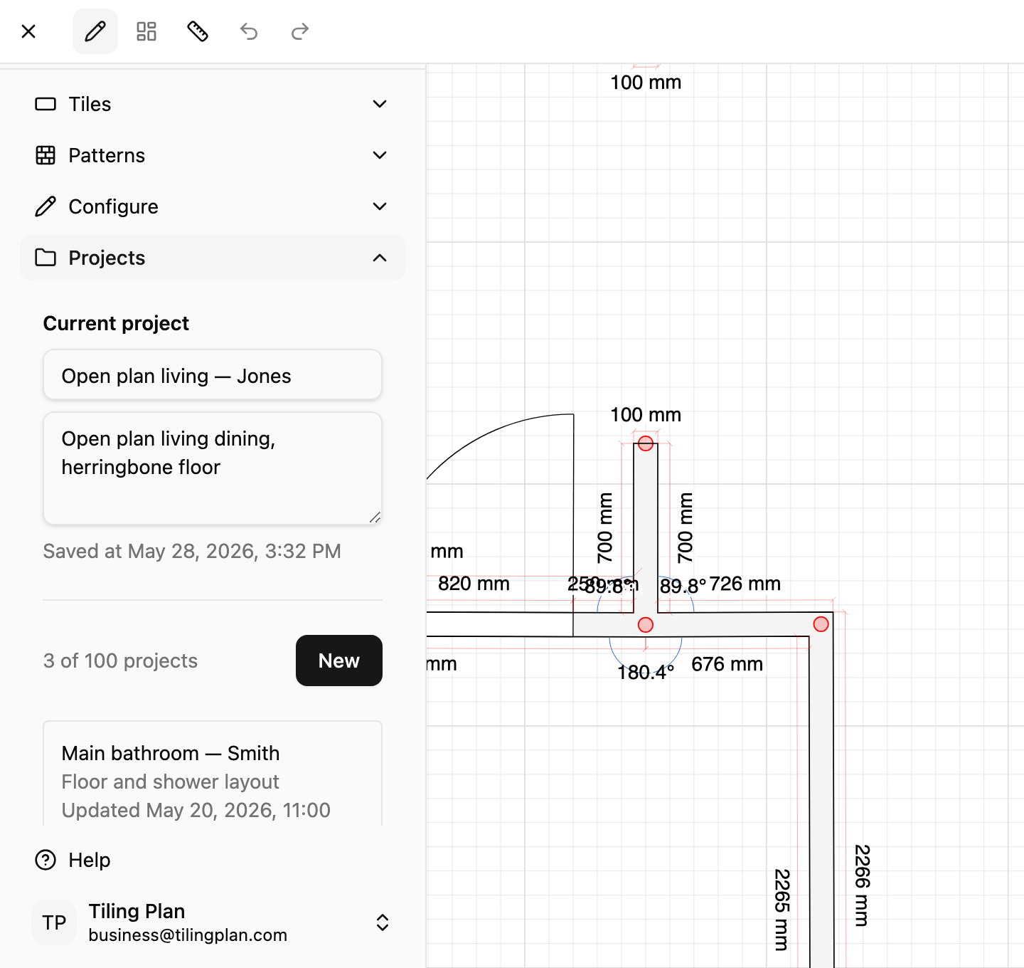 Projects panel with project list and name fields in TilingPlan